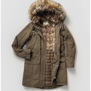 Love Womens Canvas Parka Field Coat Sz 8/10 Nordic Fur Trim Hood Utility Jacket